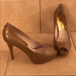 Michael Kors nude metallic peep toe heels